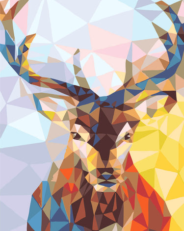 Geometrisista värikkäistä kolmioista koostuva peuran muotokuva, moderni ja abstrakti tyyli – paint by numbers -maalaus.